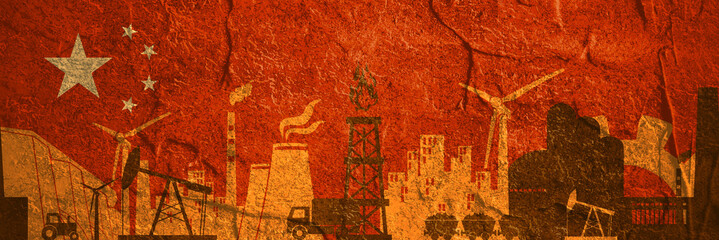 Energy and Power icons set on China flag backdrop. Header or footer banner. Sustainable energy generation and heavy industry. Concrete textured
