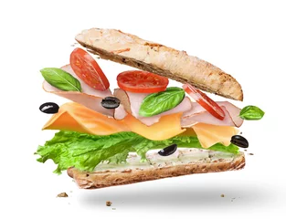 Foto auf Acrylglas Snack Ciabatta-Sandwich mit Salat, Tomaten, Schinken