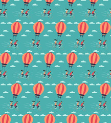 Young couple on the air balloon riding bicycle.Seamless pattern. Flying on the sky