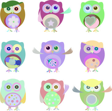 Set of nine cartoon owls with various emotions