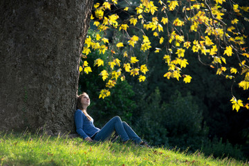 Girl sitting on the grass under a maple tree in autumn - Powered by Adobe