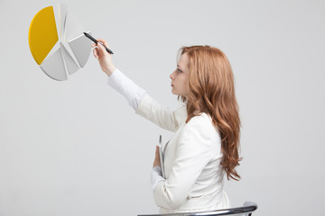 Woman shows a pie chart, circle diagram. Business analytics concept.
