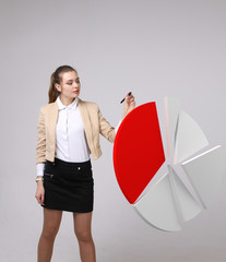 Woman shows a pie chart, circle diagram. Business analytics concept.