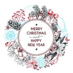 Vector hand drawn greeting card. Merry Christmas and Happy New Year. Winter seasoning.