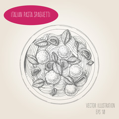 Spaghetti pasta and meatballs vector illustration. Italian cuisine. Linear graphic.