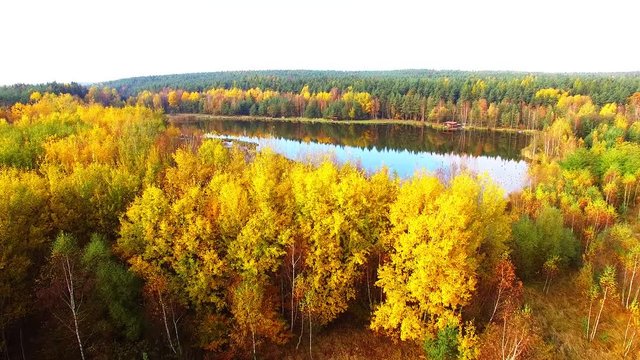 Aerial view of Trout lake. Colorful autumn in Slavkovsky Les. Great destination for deer hunting and trout fishing. Natural paradise from above. Czech Republic, Central Europe.
