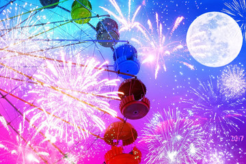Ferris wheel on the colorful moon sky with celebratory fireworks. Dreamy holiday image 