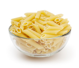 Dry penne pasta in bowl isolated on white background with clipping path