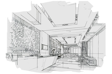 sketch stripes reception, black and white interior design.