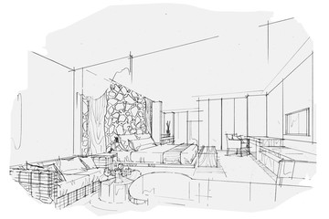 sketch stripes bedroom, black and white interior design.