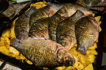 Close-up of fresh fish crucian carp with potatoes cooked barbecue