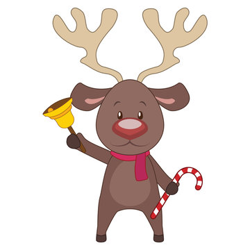 Cartoon reindeer holding a bell and a candy cane