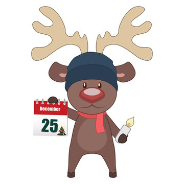 Cartoon reindeer with a winter hat holding a calendar and a candle