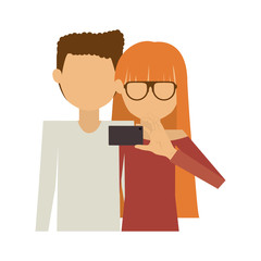 half body of couple where redhead long hair woman take selfie vector illustration
