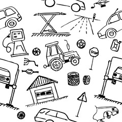 Automotive themes. Repair and recovery vehicle. Servicing and maintenance. Seamless wallpaper black and white.