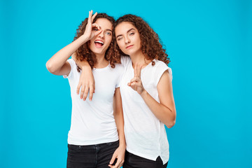Two cheerful young pretty girls twins posing over blue background.