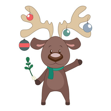 Cartoon reindeer holding a mistletoe