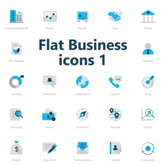 Set of blue and grey flat business icons isolated on light background.