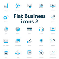 Set of blue and grey flat business icons isolated on light background.