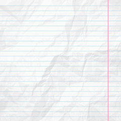 Realistic white lined sheet of notepad crumpled paper background. Vector illustration