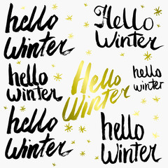 Hello Winter Collection text. Vector. Lettering. Drawing by hand. Caption brush. Letters.