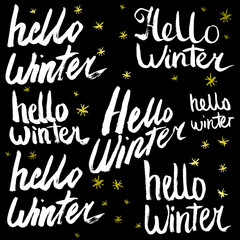 Hello Winter Collection text. Vector. Lettering. Drawing by hand. Caption brush. Letters.