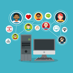 Computer with icon set. Social network media and communication theme. Colorful design. Vector illustration