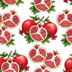 Ripe fruit of red pomegranate on a branch is isolated on a white background. Watercolor illustration of pomegranate and green leaves. Hand drawn watercolor painting. Seamless pattern