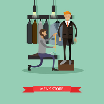 Tailor measuring his man client to make custom suit. Men fashion concept. Vector illustration banner in flat style design.