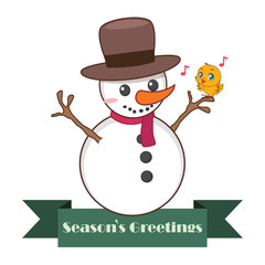 Snowman and singing bird illustration with festive banner