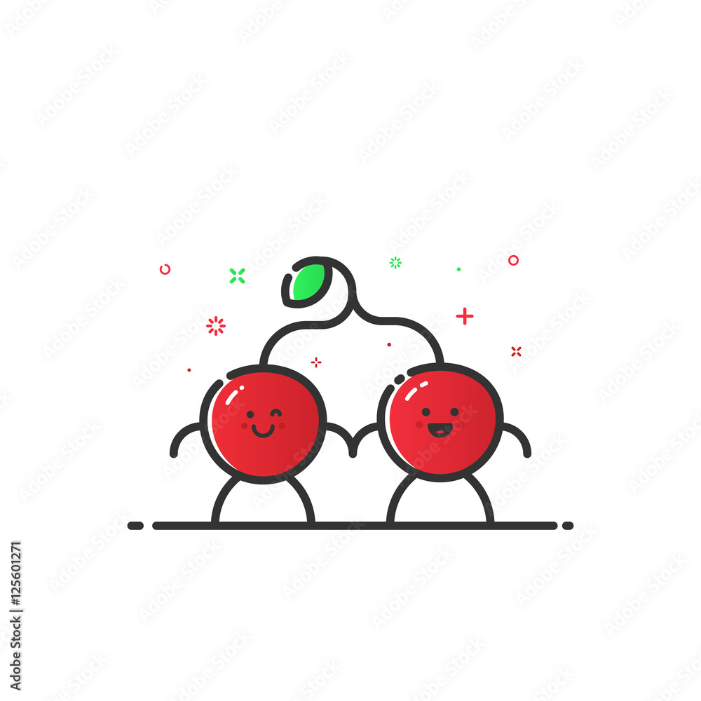 Poster vector illustration of funny cherry characters cartoon isolated in line style. linear red cute fruit