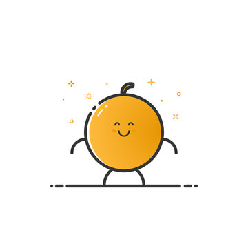 Vector illustration of funny orange character cartoon isolated in line style. Linear yellow cute fruit icon with face smile. Flat design for banner, web page and mobile app. Outline vegan expression.