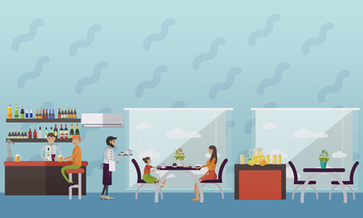 Vector banner with restaurant interior. People having lunch in cafe and bar