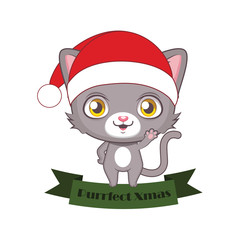 Cute little cat in a Santa hat wishing a purr-fect Christmas