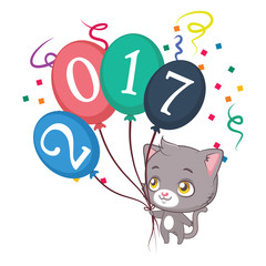Cute little cat celebrating New Year's with balloons and confetti