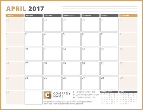 Calendar Template for 2017 Year. April. Business Planner 2017 Template. Stationery Design. Week starts Sunday. 3 Months on the Page. Vector Illustration