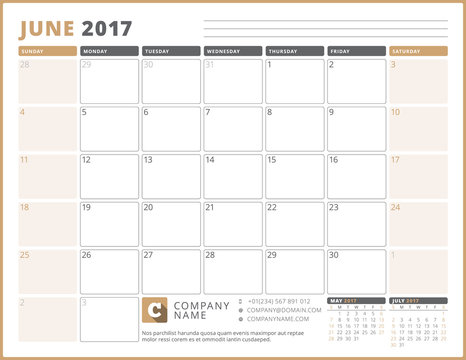 Calendar Template for 2017 Year. June. Business Planner 2017 Template. Stationery Design. Week starts Sunday. 3 Months on the Page. Vector Illustration