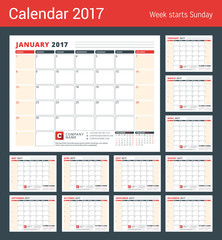 Calendar Template for 2017 Year. Set of 12 Months. Stationery Design. Week starts Sunday. 3 Months on the Page. Vector Illustration