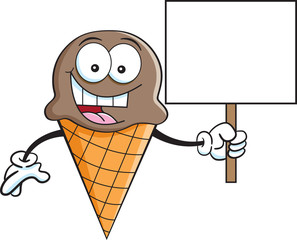 Cartoon illustration of a ice cream cone holding a sign.