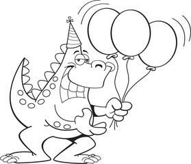 Black and white illustration of a dinosaur holding balloons.