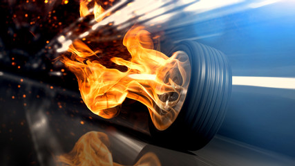 Flammen und Funken schlagender Autoreifen rast schnell durch einen Tunnel