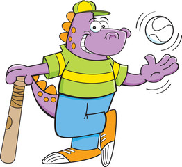 Cartoon illustration of a dinosaur tossing a baseball.