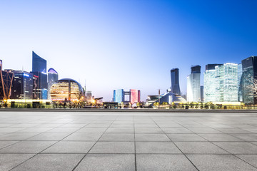 cityscape and skyline of hangzhou new city from empty floor