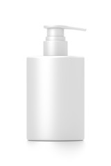 White cosmetic bottle dispenser pump with tube container from front angle.
