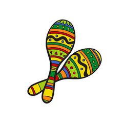 Pair of traditional Mexican brightly colored maracas or rumba shakers, sketch style vector illustration isolated on white background. Couple of hand drawn Mexican maracas