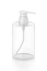 White cosmetic bottle dispenser pump with tube transparent empty container from front top angle.