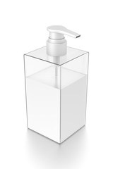 White cosmetic bottle dispenser pump with rectangle transparent white liquid filled container from top angle.