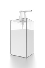 White cosmetic bottle dispenser pump with rectangle transparent white liquid filled container from closeup angle.