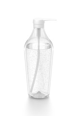 White cosmetic bottle dispenser pump with tube transparent bubble liquid filled container from front top angle.