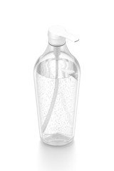 White cosmetic bottle dispenser pump with tube transparent bubble liquid filled container from isometric angle.
